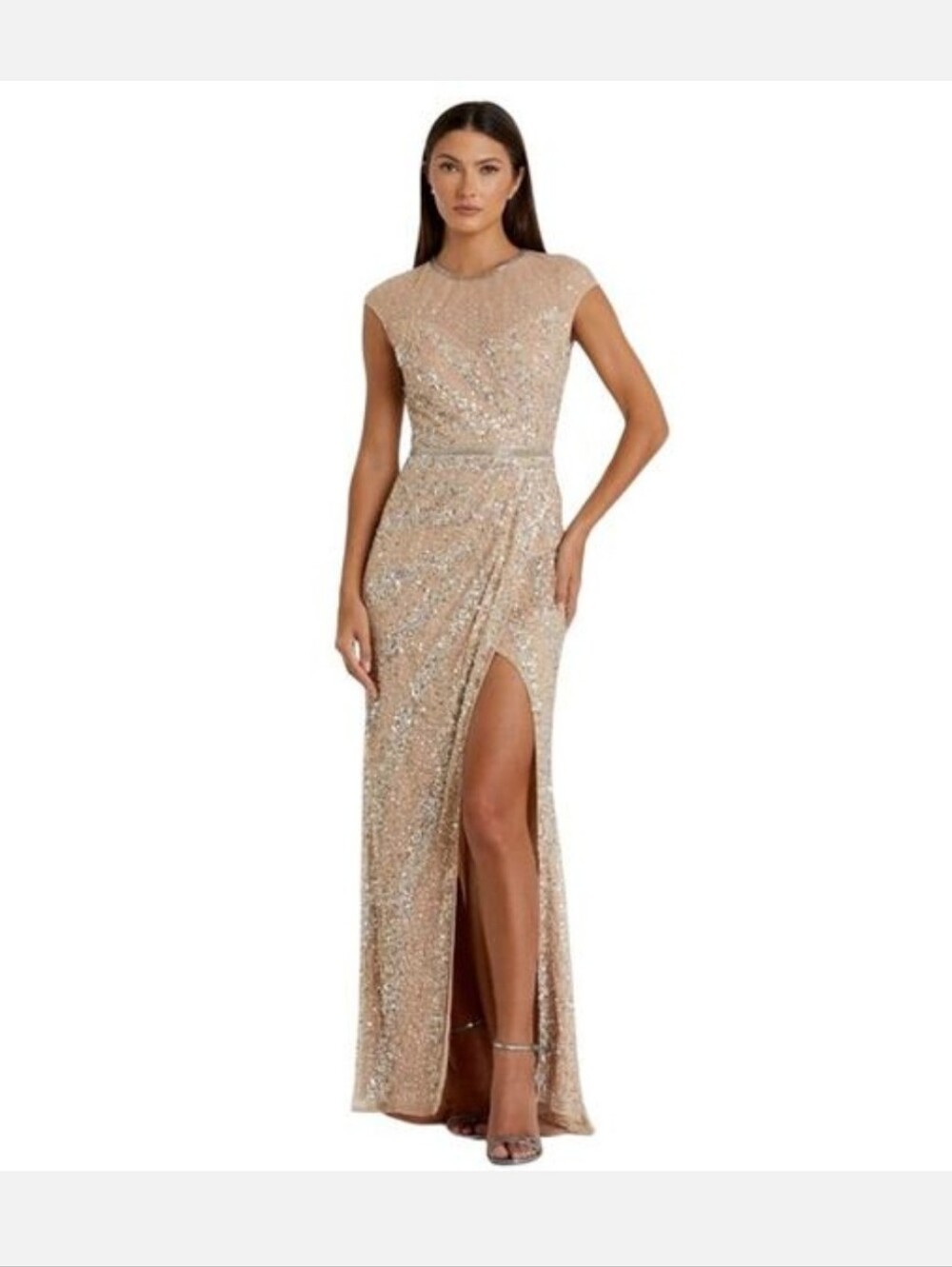 NWT Mac Duggal Nude Illusion High Neck Cap Sleeve Gown Nude 5619 Size 10